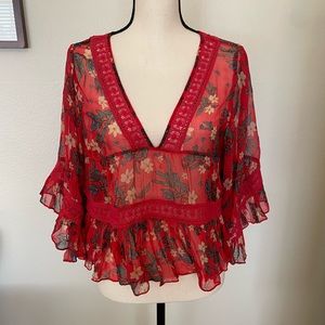Free People Red Floral Sheer Peasant Blouse